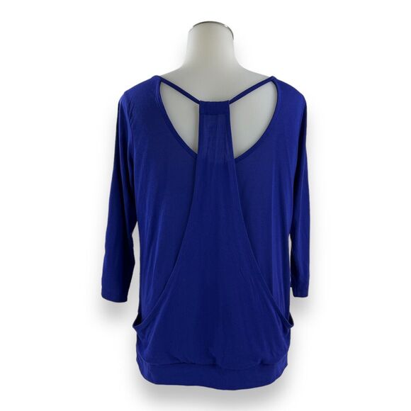soho New York & Co Jeans WOMENS SMALL Blue 3/4 Sleeve Covered Strap-Back Top NEW - Picture 3 of 16